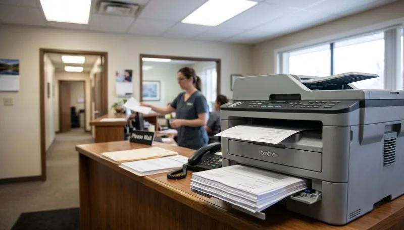 A fax machine processing documents in a busy Canadian clinic office